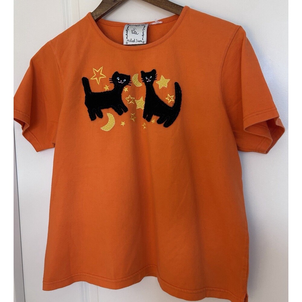 Michael Simon Lite Halloween Cat Shirt Large? Orange Black Cats Moon Stars VTG